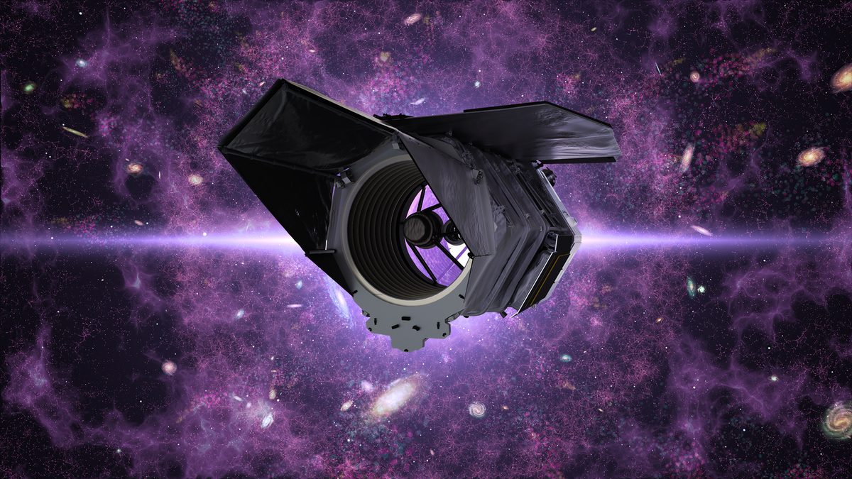 An illustration of the Roman Space Telescope in space against a purple field of galaxies and gas.