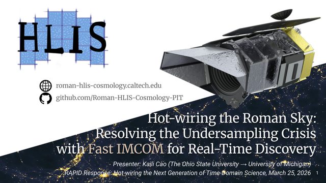 Title slide: Hot-wiring the Roman Sky: Resolving the Undersampling Crisis with Fast IMCOM for Real-Time Discovery, over an illustration of the Roman Space Telescope.